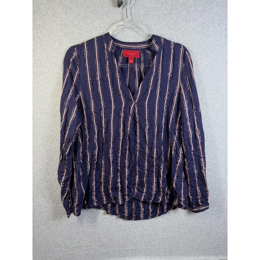 Jennifer Lopez Blouse Womens Small Blue Striped V Neck Long Sleeve Boho Top